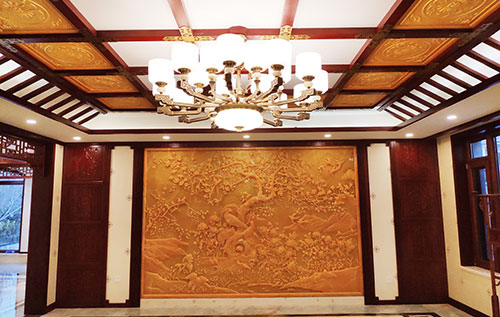 城厢中式别墅客厅中式木作横梁吊顶装饰展示